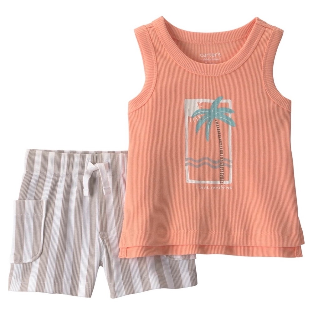 Carters Child of Mine Baby Boys Peach Palm Tree Tank and Striped Shorts Set - Picture 1 of 1
